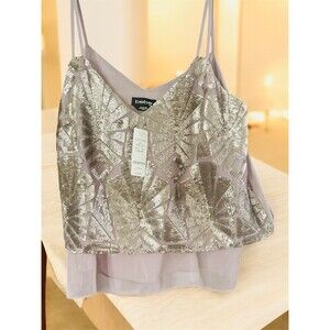 Bebe NWT Cami SzM Layered Georgette & Mesh Overlay Metallic matte Sequins